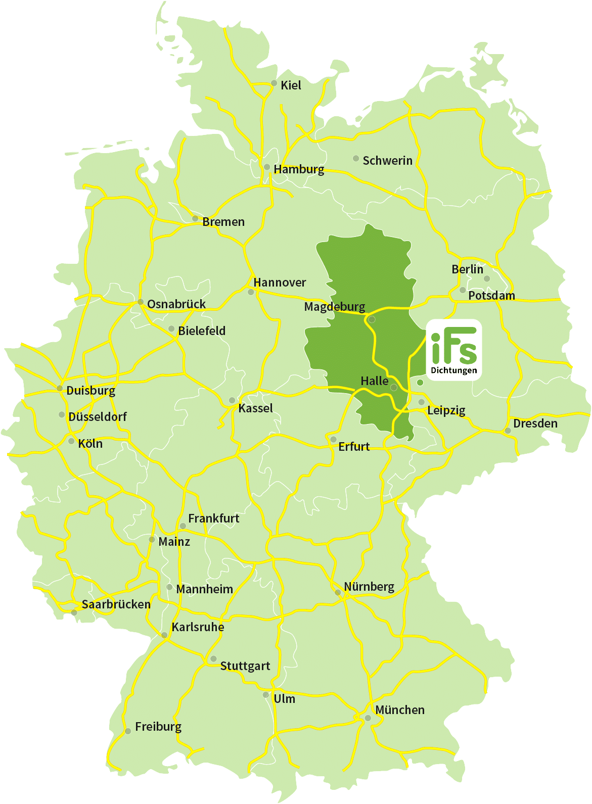 Karte der Bundes Republik Deutschland mit Hervorhebung von dem Bundesland Sachsenanhalt ebenfalls ist auf der Karte der Firmensitz der Industrietechnik Frank Schneider GmbH eingezeichnet.