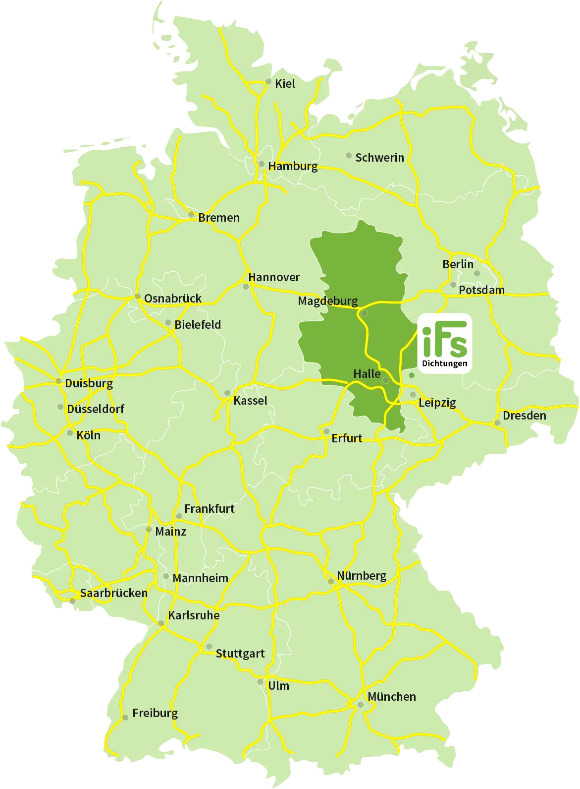 Karte der Bundes Republik Deutschland mit Hervorhebung von dem Bundesland Sachsenanhalt ebenfalls ist auf der Karte der Firmensitz der Industrietechnik Frank Schneider GmbH eingezeichnet.