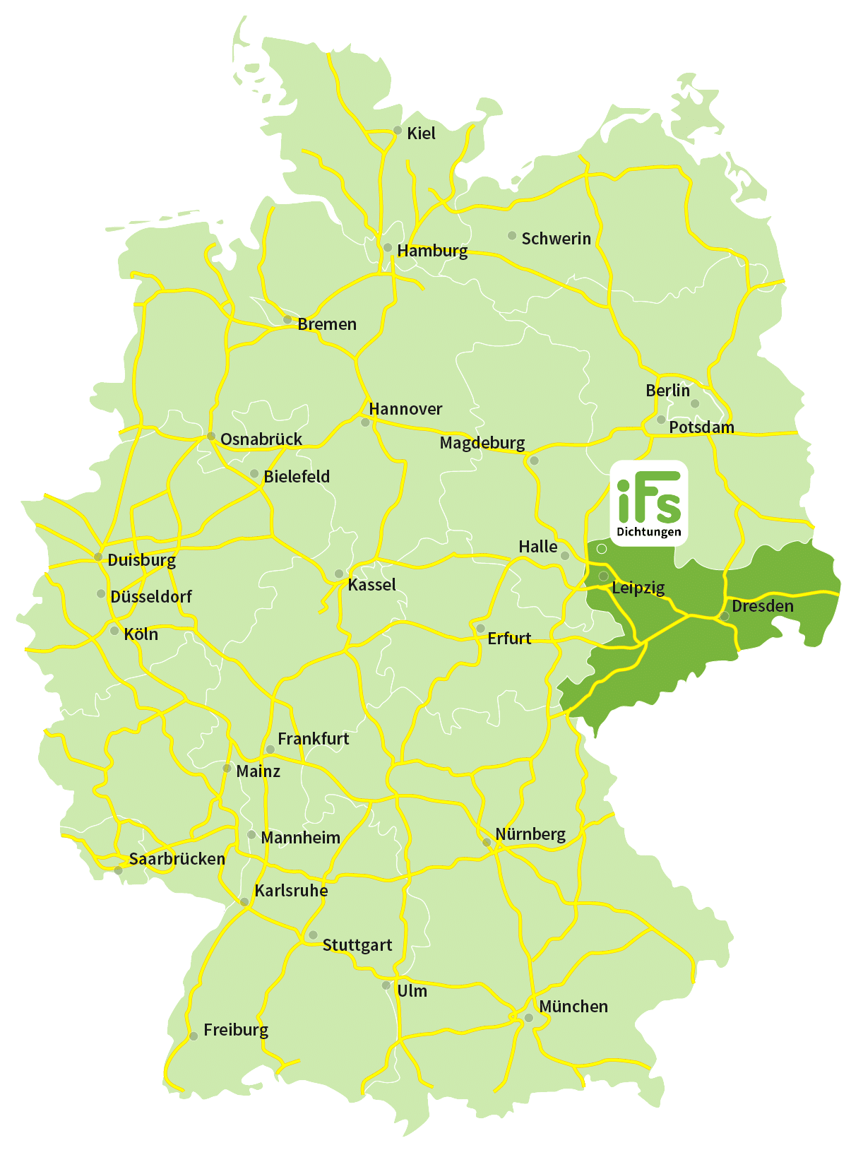 Karte der Bundesrepublik Deutschland mit Hervorhebung von dem Bundesland Sachsen ebenfalls ist auf der Karte der Firmensitz der Industrietechnik Frank Schneider GmbH eingezeichnet.