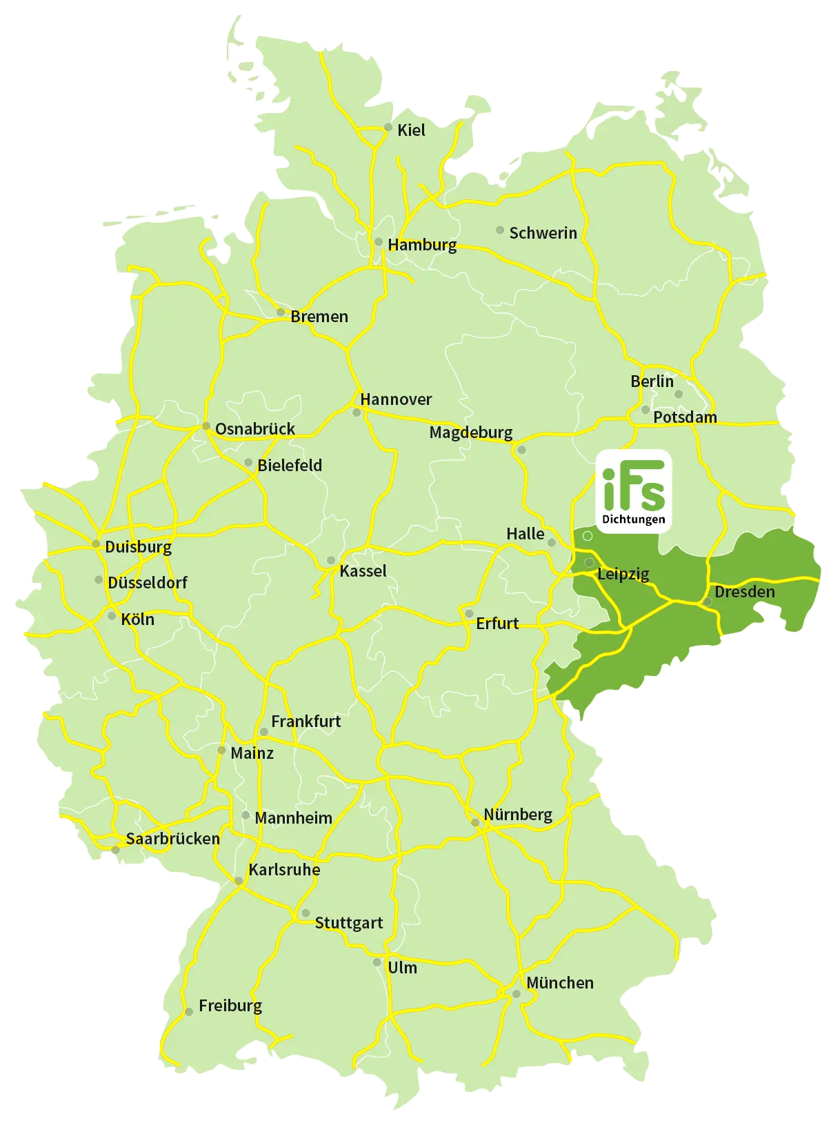 Karte der Bundesrepublik Deutschland mit Hervorhebung von dem Bundesland Sachsen ebenfalls ist auf der Karte der Firmensitz der Industrietechnik Frank Schneider GmbH eingezeichnet.