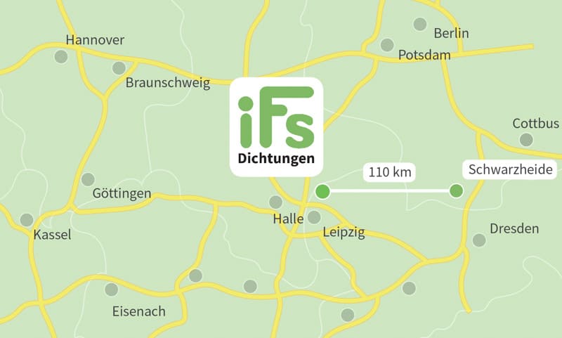 Die Karte zeigt den Abstand zwischen der Industrietechnik Frank Schneider GmbH und der Stadt Schwarzheide. Aufgrund der geringen Fahrzeit von 1 Stunden 50 Minuten ist es uns möglich auch kurzfristig Dichtungen zu Ihnen nach Schwarzheide zu liefern.