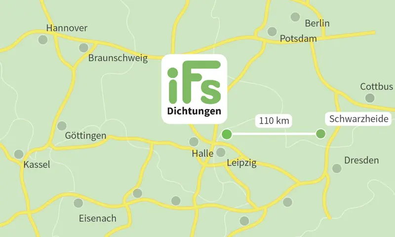 Die Karte zeigt den Abstand zwischen der Industrietechnik Frank Schneider GmbH und der Stadt Schwarzheide. Aufgrund der geringen Fahrzeit von 1 Stunden 50 Minuten ist es uns möglich auch kurzfristig Dichtungen zu Ihnen nach Schwarzheide zu liefern.