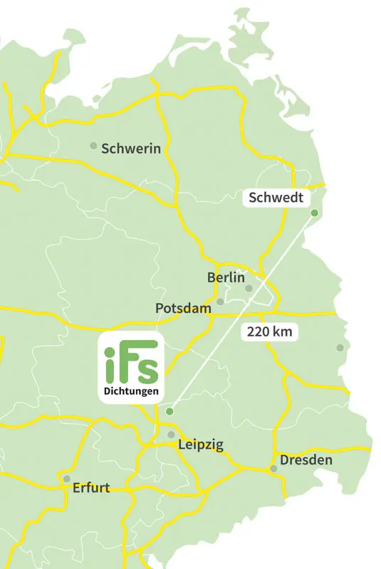 Die Karte zeigt den Abstand zwischen der Industrietechnik Frank Schneider GmbH und der Stadt Zeitz. Aufgrund der geringen Fahrzeit von 40 Minuten ist es uns möglich auch kurzfristig Dichtungen zu Ihnen nach Zeitz zu liefern.