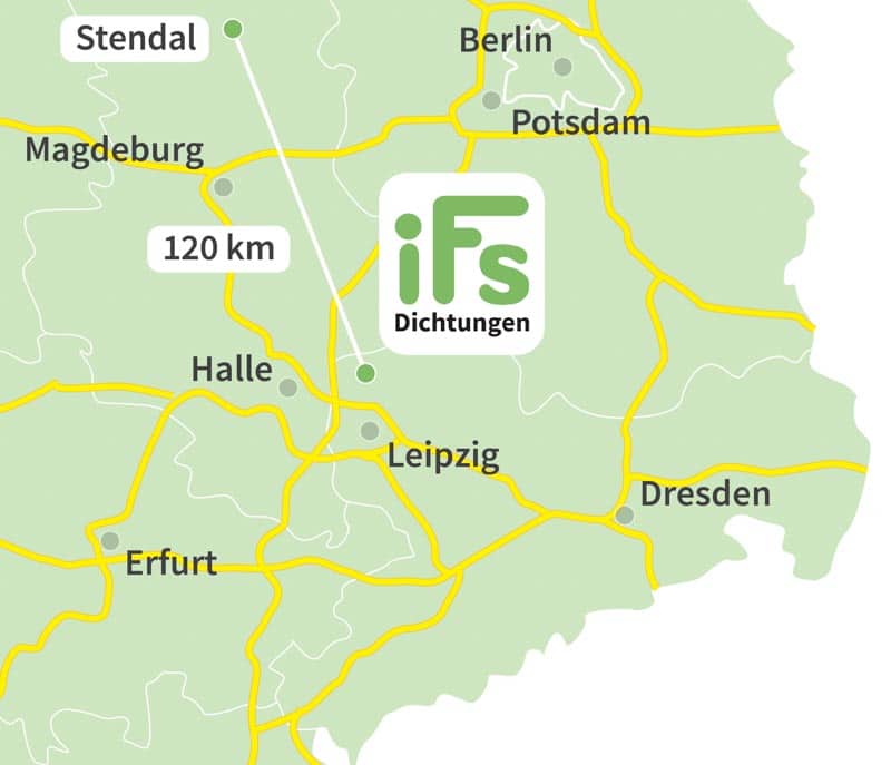 Die Karte zeigt den Abstand zwischen der Industrietechnik Frank Schneider GmbH und der Stadt Stendal. Aufgrund der geringen Fahrzeit von 2 Stunden 10 Minuten ist es uns möglich auch kurzfristig Dichtungen zu Ihnen nach Stendal zu liefern.