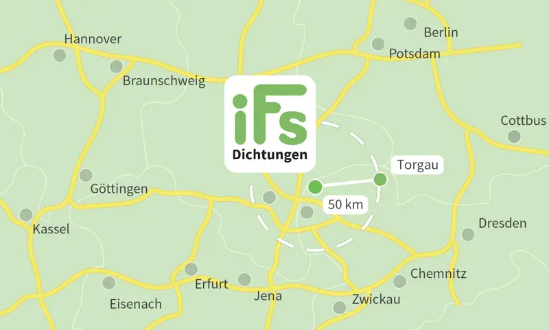 Die Karte zeigt den Abstand zwischen der Industrietechnik Frank Schneider GmbH und der Stadt Torgau. Aufgrund der geringen Fahrzeit von 50 Minuten ist es uns möglich auch kurzfristig Dichtungen zu Ihnen nach Torgau zu liefern.