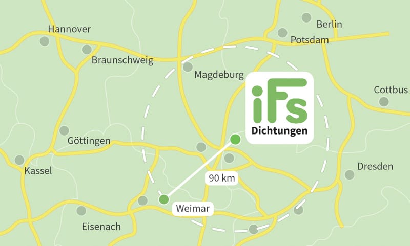 Die Karte zeigt den Abstand zwischen der Industrietechnik Frank Schneider GmbH und der Stadt Weimar. Aufgrund der geringen Fahrzeit von 1 Stunden 40 Minuten ist es uns möglich auch kurzfristig Dichtungen zu Ihnen nach Weimar zu liefern.