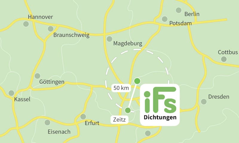 Die Karte zeigt den Abstand zwischen der Industrietechnik Frank Schneider GmbH und der Stadt Zeitz. Aufgrund der geringen Fahrzeit von 40 Minuten ist es uns möglich auch kurzfristig Dichtungen zu Ihnen nach Zeitz zu liefern.