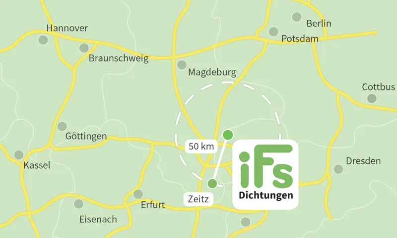 Die Karte zeigt den Abstand zwischen der Industrietechnik Frank Schneider GmbH und der Stadt Zeitz. Aufgrund der geringen Fahrzeit von 40 Minuten ist es uns möglich auch kurzfristig Dichtungen zu Ihnen nach Zeitz zu liefern.