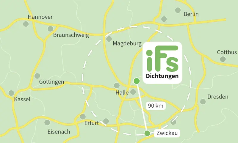 Die Karte zeigt den Abstand zwischen der Industrietechnik Frank Schneider GmbH und der Stadt Zwickau. Aufgrund der geringen Fahrzeit von 1 Stunden 40 Minuten ist es uns möglich auch kurzfristig Dichtungen zu Ihnen nach Zwickau zu liefern.