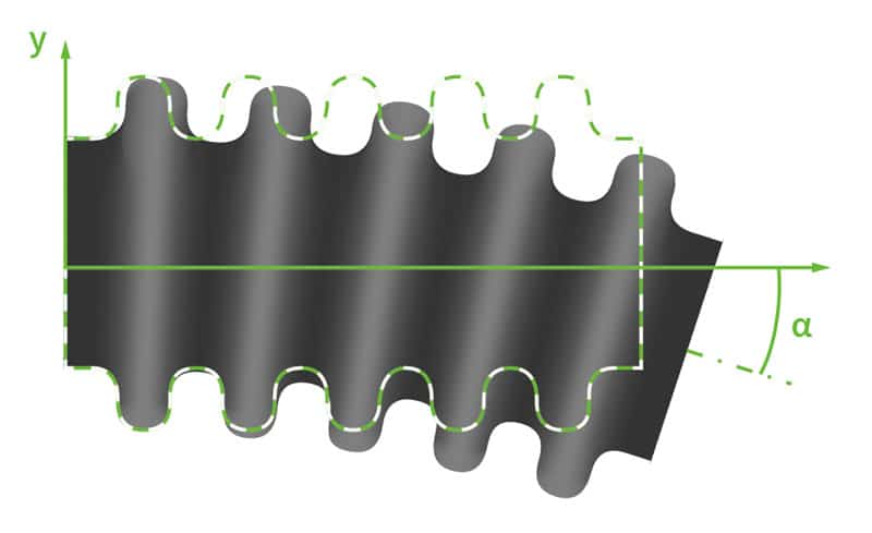 Deutsch: Abbildung zeigt die Verformung eines Angularkompensator nach Belastung im Einbauzustand. English: Figure shows the deformation of a angular expansion joint after loading in the installation state.