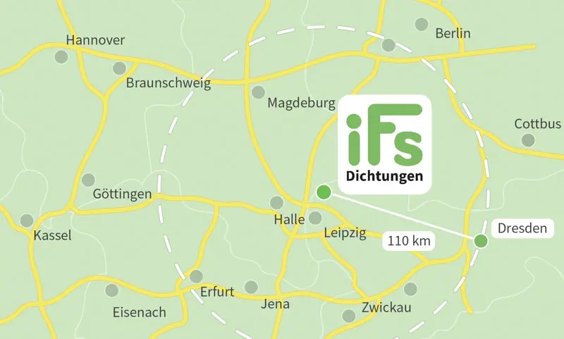 Die Karte zeigt den Abstand zwischen der Industrietechnik Frank Schneider GmbH und der Stadt Dresden. Aufgrund der geringen Fahrzeit von 1 Stunden 30 Minuten ist es uns möglich auch kurzfristig Dichtungen zu Ihnen nach Dresden zu liefern.