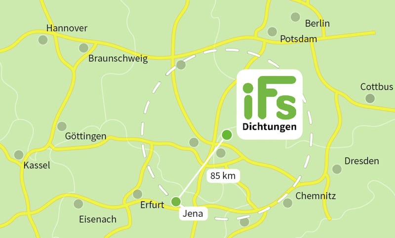 Die Karte zeigt den Abstand zwischen der Industrietechnik Frank Schneider GmbH und der Stadt Jena. Aufgrund der geringen Fahrzeit von 1 Stunden 20 Minuten ist es uns möglich auch kurzfristig Dichtungen zu Ihnen nach Jena zu liefern.