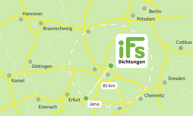Die Karte zeigt den Abstand zwischen der Industrietechnik Frank Schneider GmbH und der Stadt Jena. Aufgrund der geringen Fahrzeit von 1 Stunden 20 Minuten ist es uns möglich auch kurzfristig Dichtungen zu Ihnen nach Jena zu liefern.