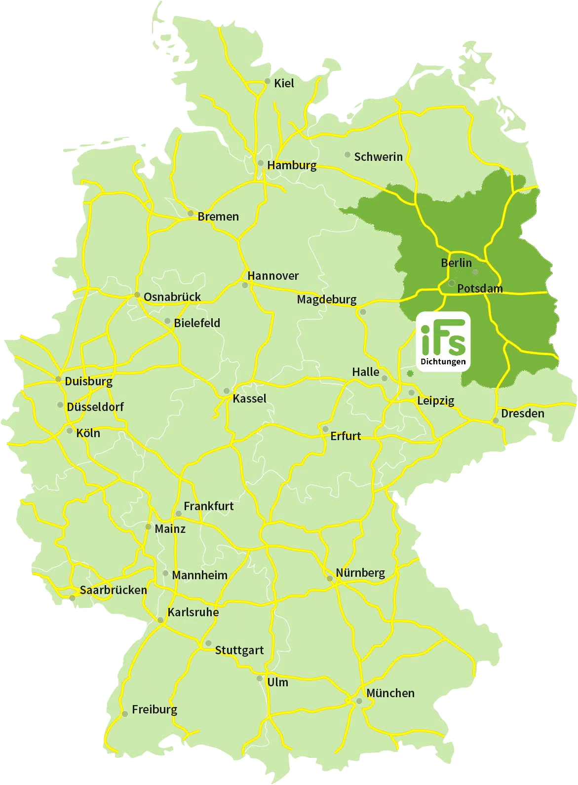 Karte von Deutschland mit hervorgehobenen Ländern Berlin und Brandenburg – Flanschenschulung nach DIN EN 1591-4 mobil vor Ort in Berlin und Brandenburg